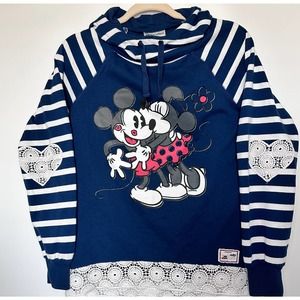 Disney Parks MIckey and Minnie XoXo Smooches Hoodie Navy Blue Lace Sweatshirt
